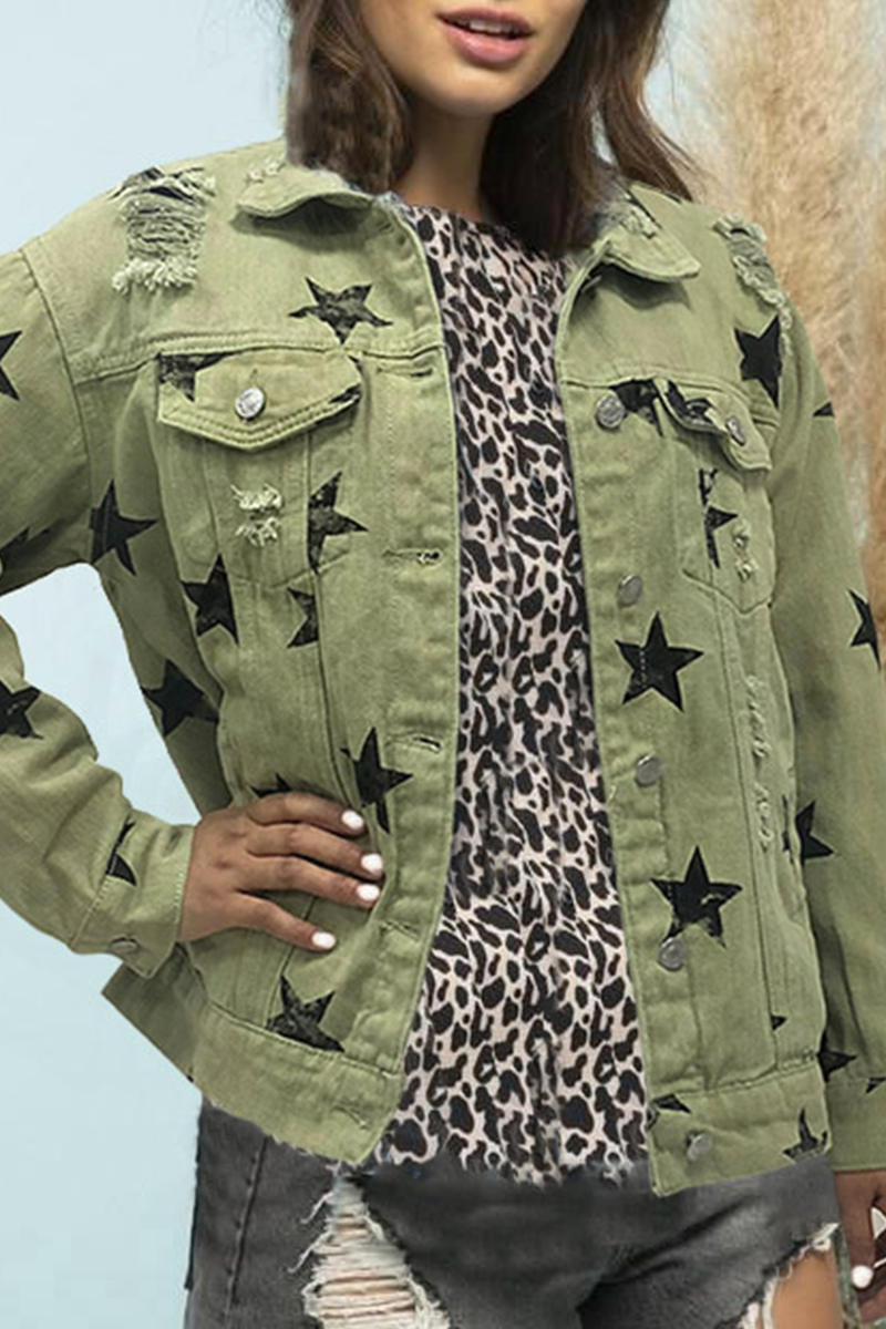 Chaqueta vaquera de manga larga con cuello vuelto, hebilla rasgada y estrellas de Street