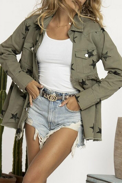 Chaqueta vaquera informal de manga larga con cuello vuelto, hebilla y borlas de estrellas