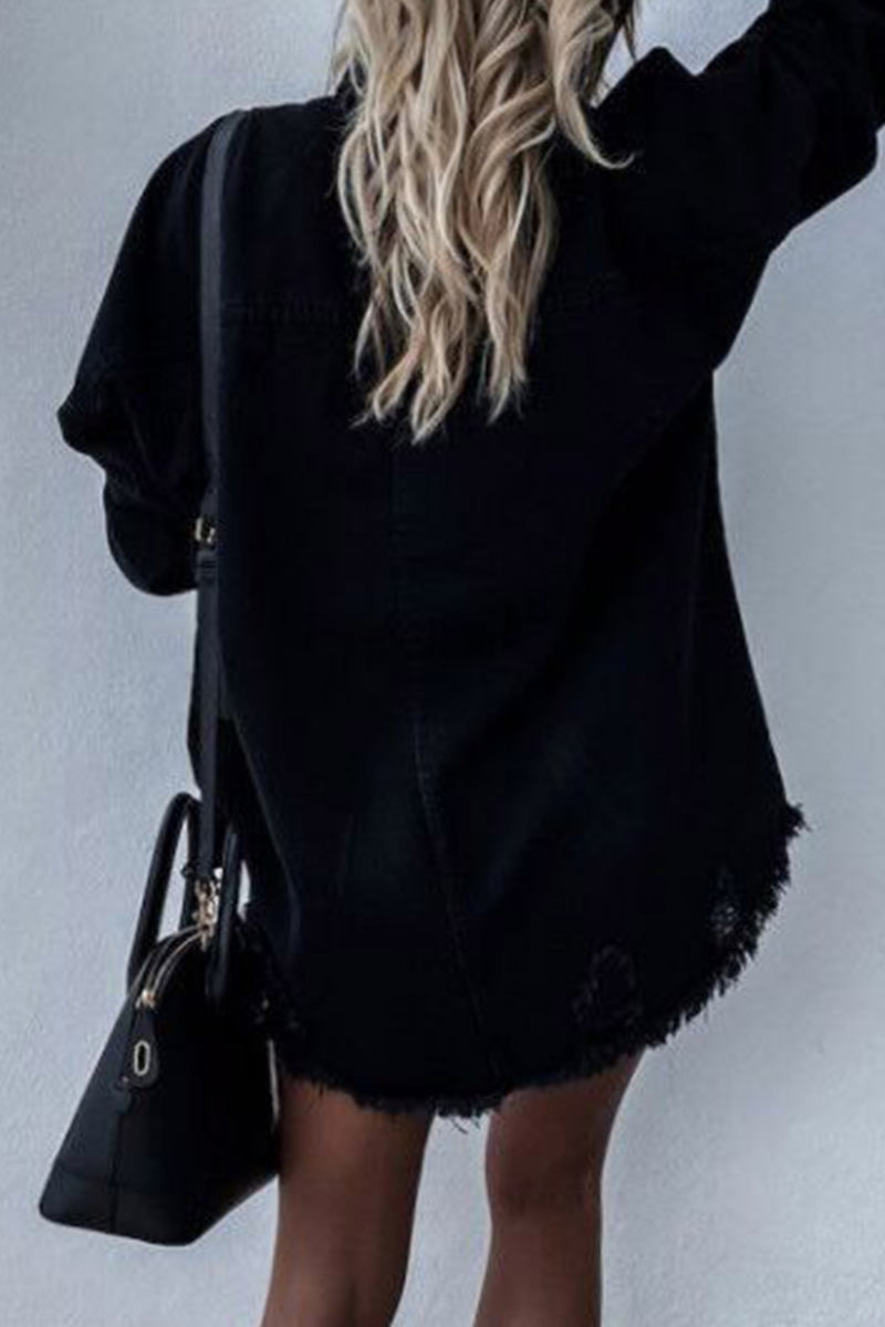 Chaqueta vaquera informal de manga larga con cuello vuelto, rasgada y lisa