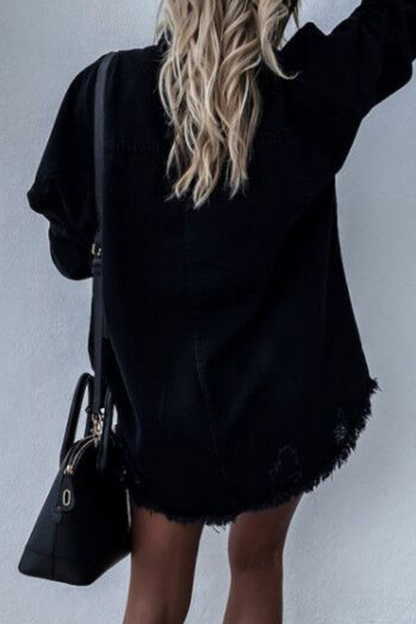 Chaqueta vaquera informal de manga larga con cuello vuelto, rasgada y lisa