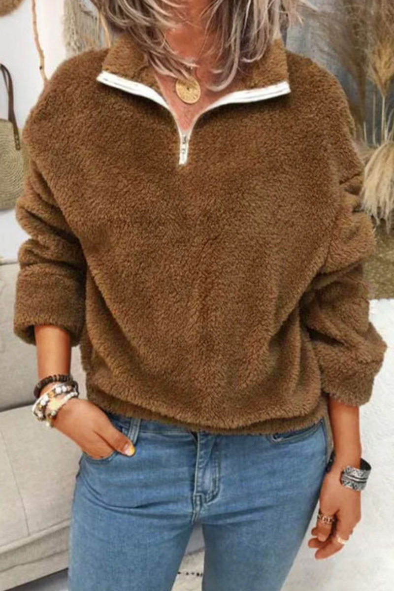 Casual Solid Split Joint Zipper Zipper Collar Tops