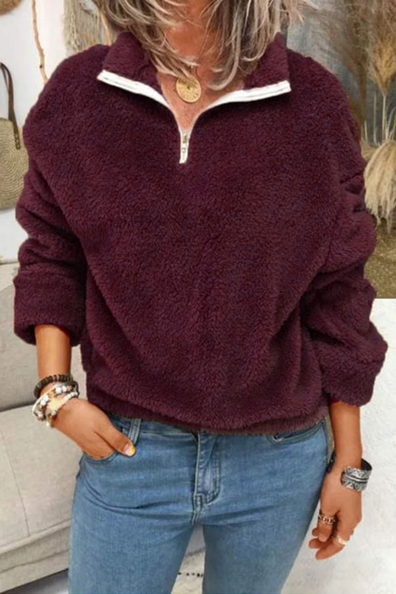 Casual Solid Split Joint Zipper Zipper Collar Tops