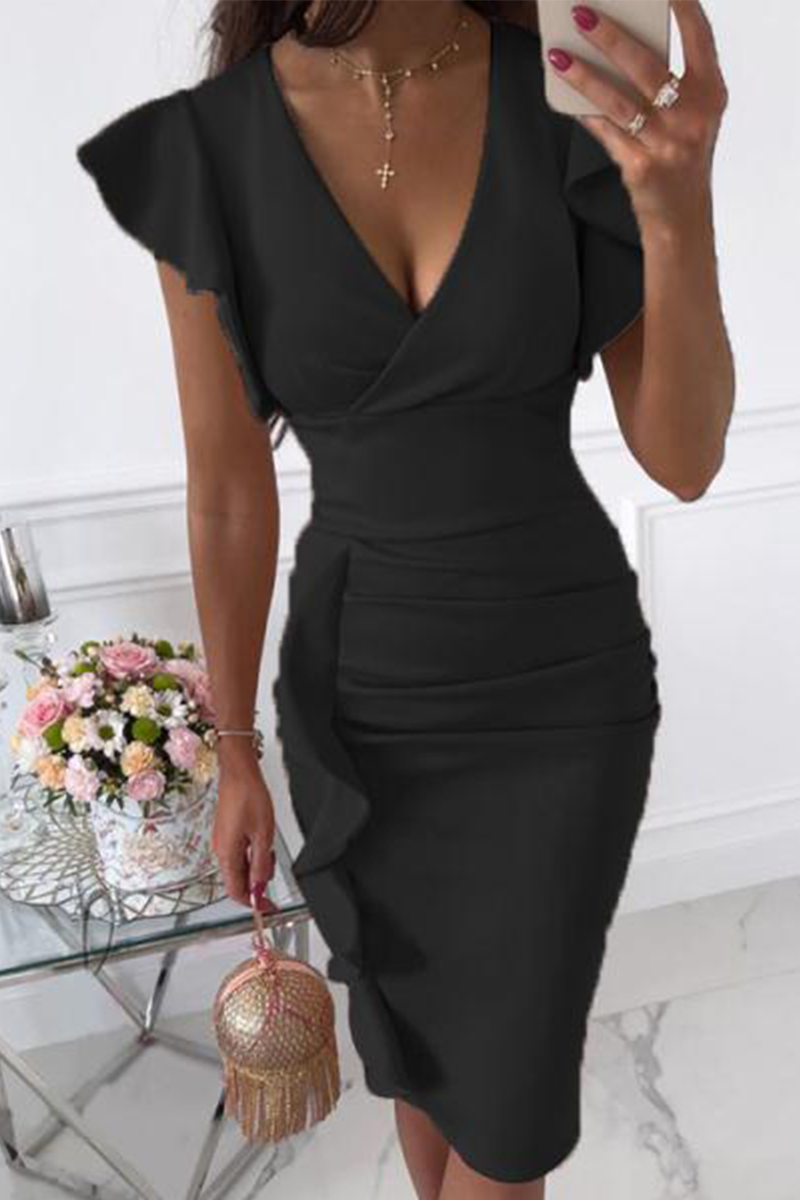 Elegante vestido de moda con volantes, cuello en V, falda cruzada (9 colores)