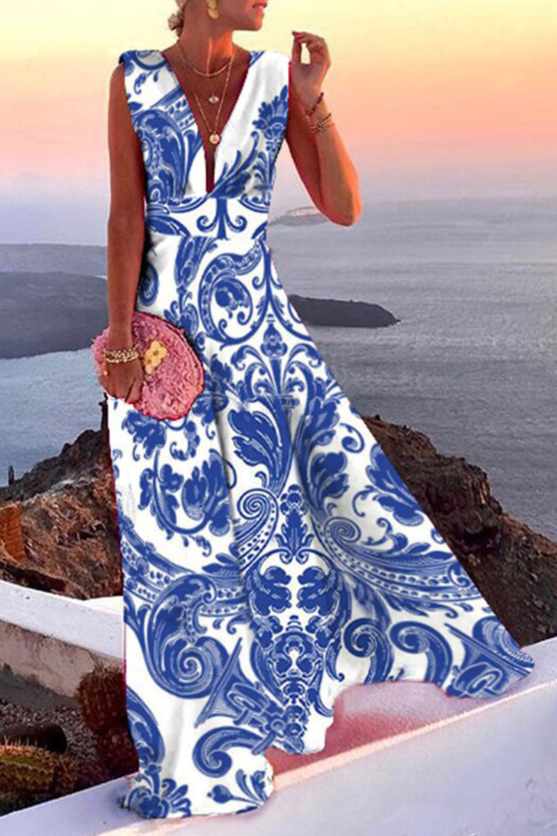 Fashion Simplicity Print V Neck A Line Dresses(4 colors)