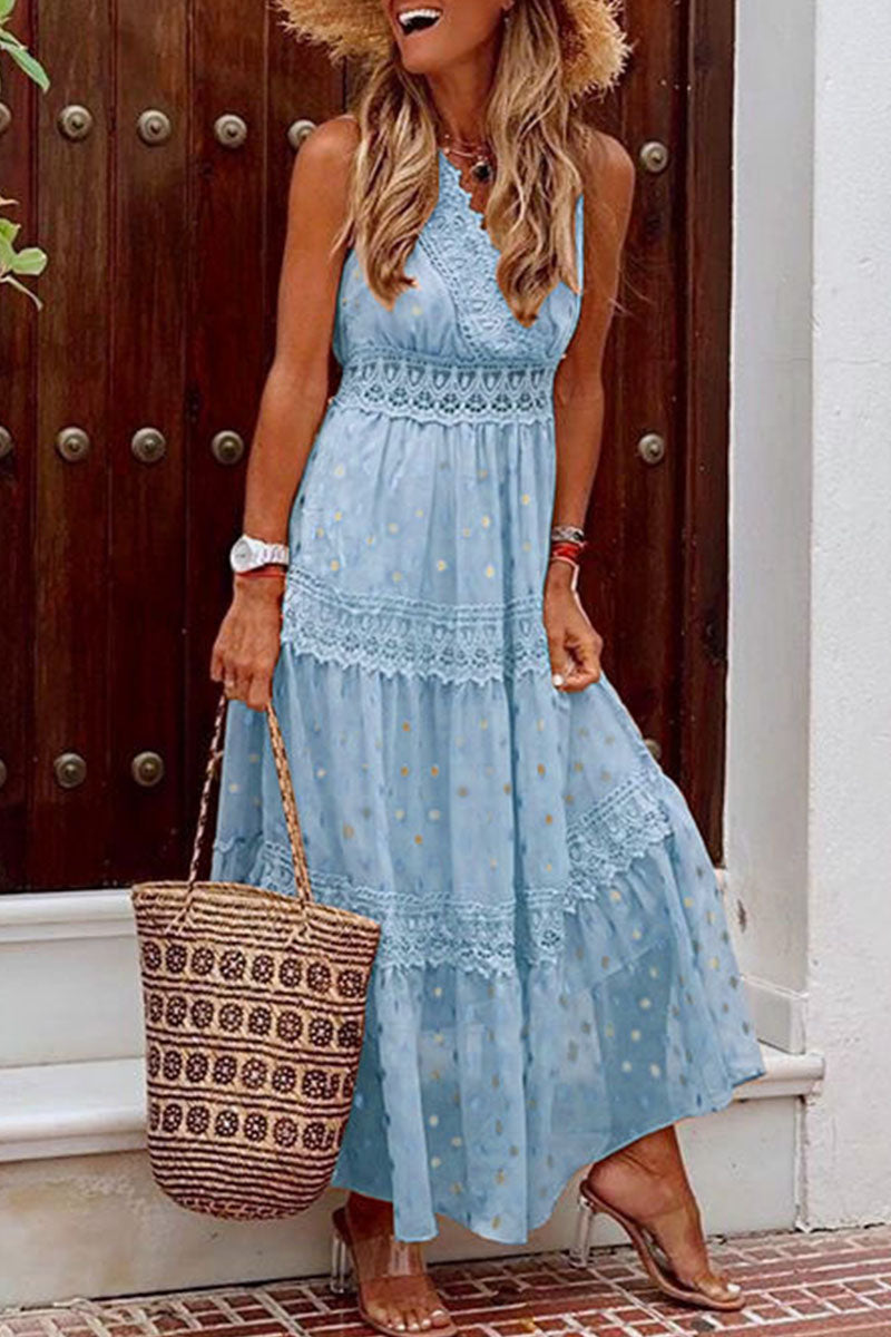 Fashion Solid Patchwork V Neck Cake Skirt Dresses(5 Colors)