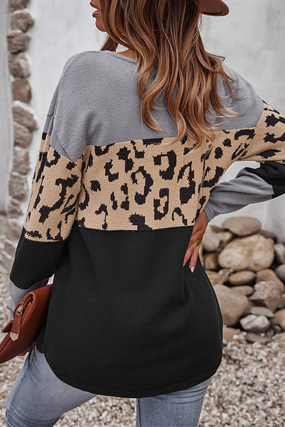 Suéteres casuales de cuello redondo con estampado de leopardo y contraste (4 colores)