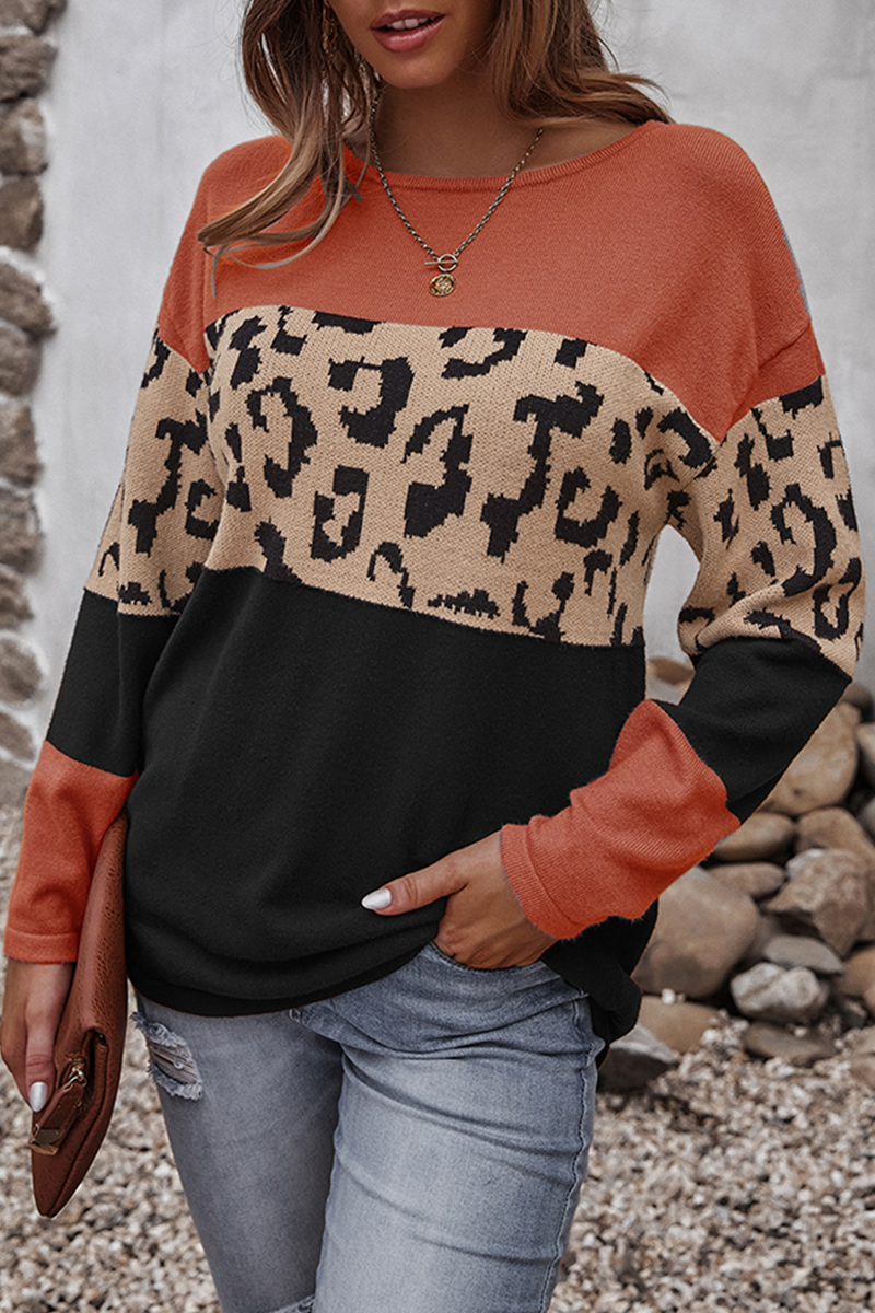 Suéteres casuales de cuello redondo con estampado de leopardo y contraste (4 colores)
