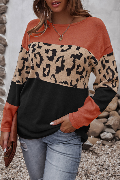 Suéteres casuales de cuello redondo con estampado de leopardo y contraste (4 colores)