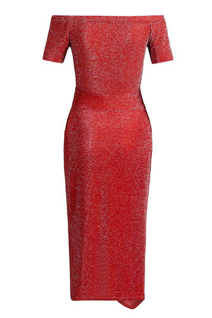 Elegante vestido de falda cruzada con hombros descubiertos, lentejuelas y abertura sólida (3 colores £©)