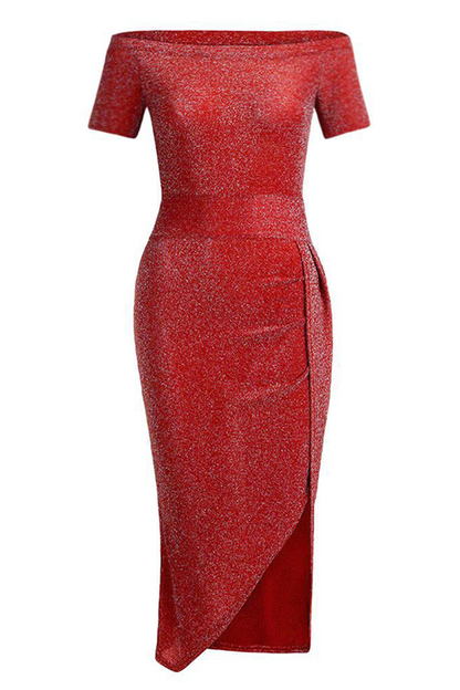 Elegante vestido de falda cruzada con hombros descubiertos, lentejuelas y abertura sólida (3 colores £©)