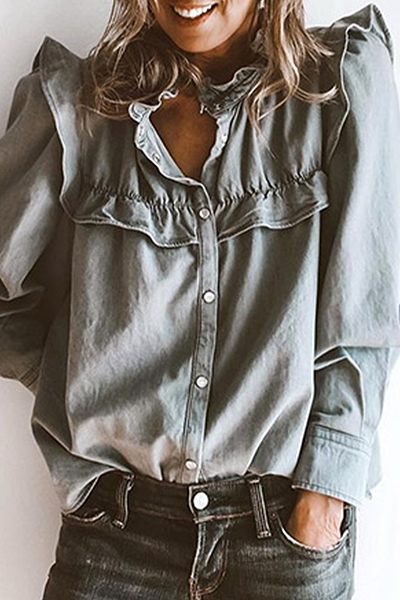 Blusas casuales de cuello mandarín con volantes y hebilla sólida