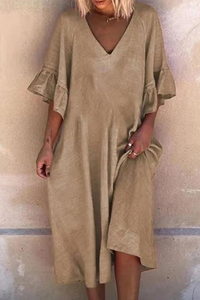 Vestidos casuales de cuello en V con volantes y patchwork liso (4 colores)