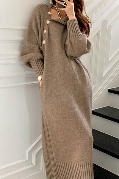 Vestidos casuales elegantes de cuello alto con hebilla sólida y cinturón (3 colores)