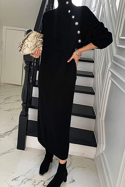 Vestidos casuales elegantes de cuello alto con hebilla sólida y cinturón (3 colores)