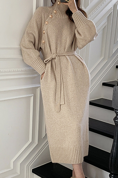 Vestidos casuales elegantes de cuello alto con hebilla sólida y cinturón (3 colores)