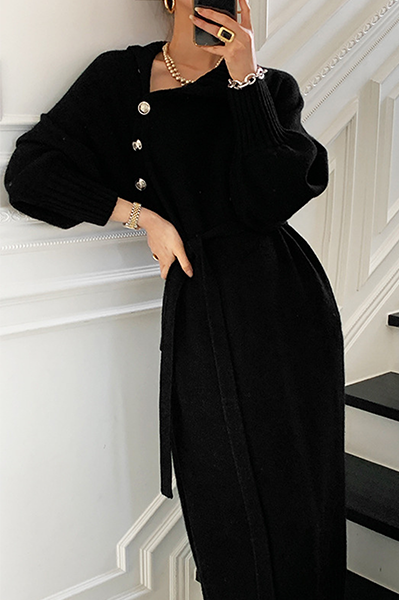 Vestidos casuales elegantes de cuello alto con hebilla sólida y cinturón (3 colores)