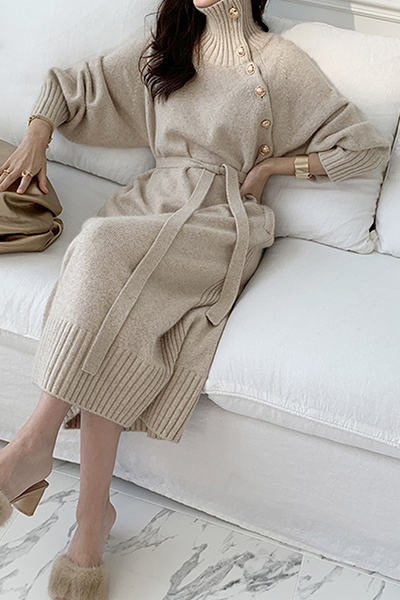 Vestidos casuales elegantes de cuello alto con hebilla sólida y cinturón (3 colores)