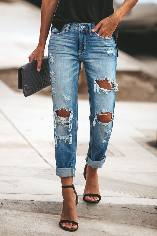 Pantalones casuales de estilo urbano con borlas y parches rotos