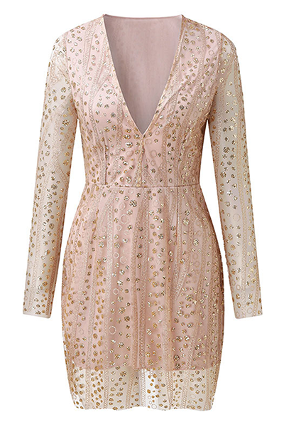 Vestidos de moda elegantes con lentejuelas y retazos de malla transparente con cuello en V y falda lápiz
