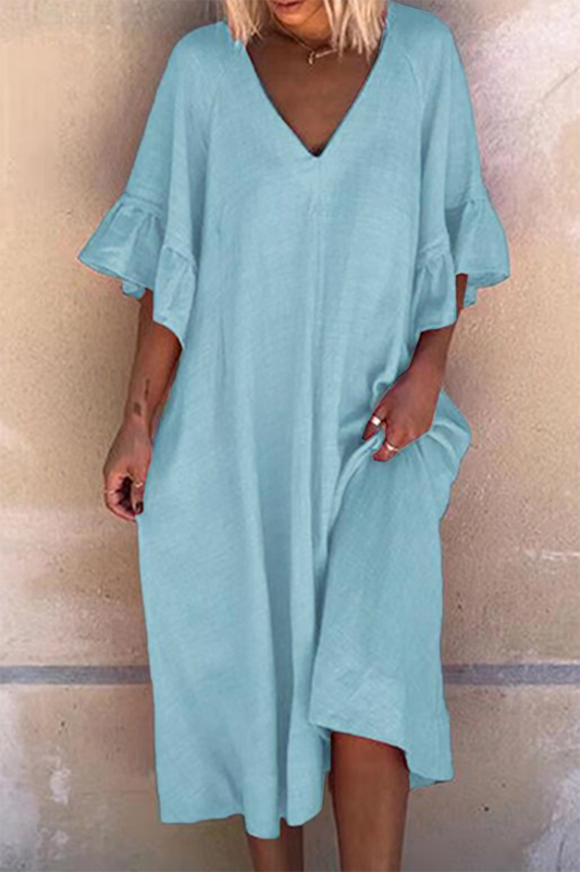 Vestidos casuales de cuello en V con volantes y patchwork liso (4 colores)