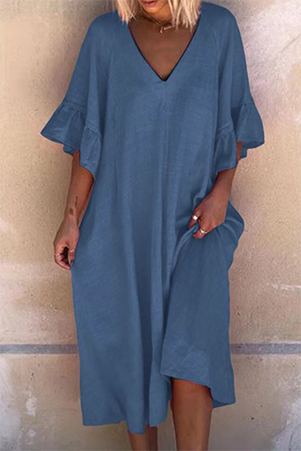 Vestidos casuales de cuello en V con volantes y patchwork liso (4 colores)