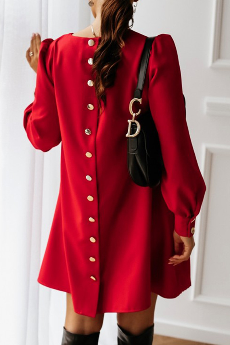 Vestidos casuales de cuello redondo con hebilla y patchwork sólido