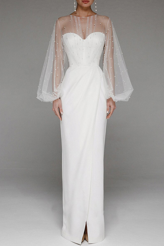 Vestidos de noche elegantes de celebridades con abertura sólida y cuentas de malla sin tirantes