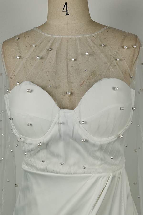 Celebrities Elegant Solid Slit Beading Mesh Strapless Evening Dress Dresses