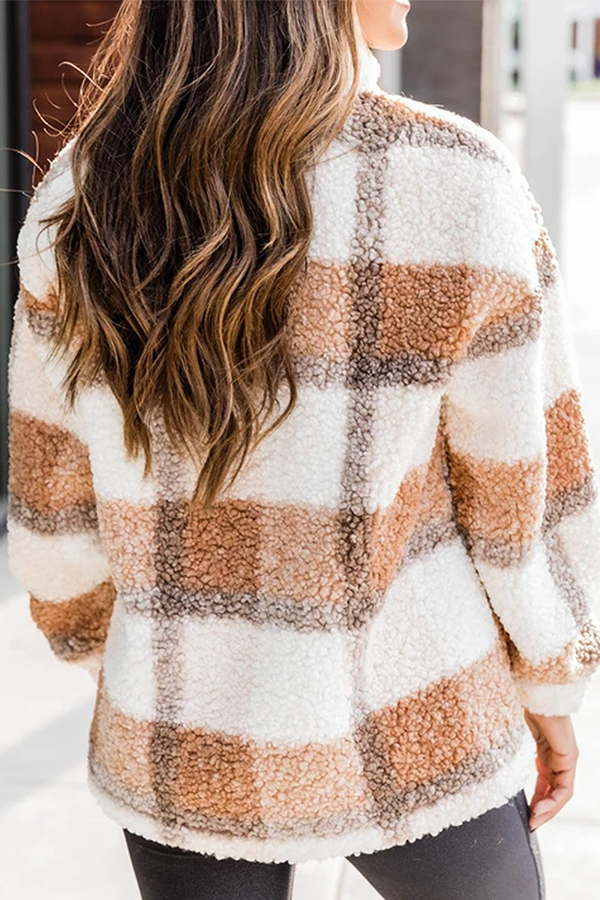 Casual Plaid Patchwork Zipper Mandarin Collar Tops