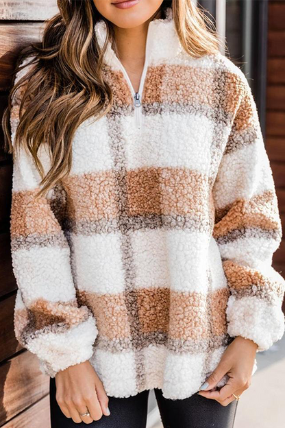 Casual Plaid Patchwork Zipper Mandarin Collar Tops