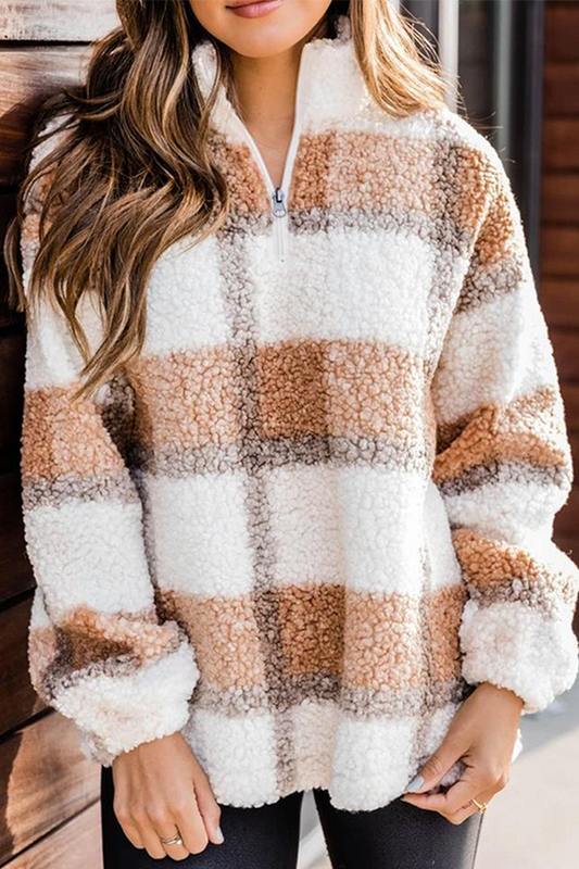 Casual Plaid Patchwork Zipper Mandarin Collar Tops