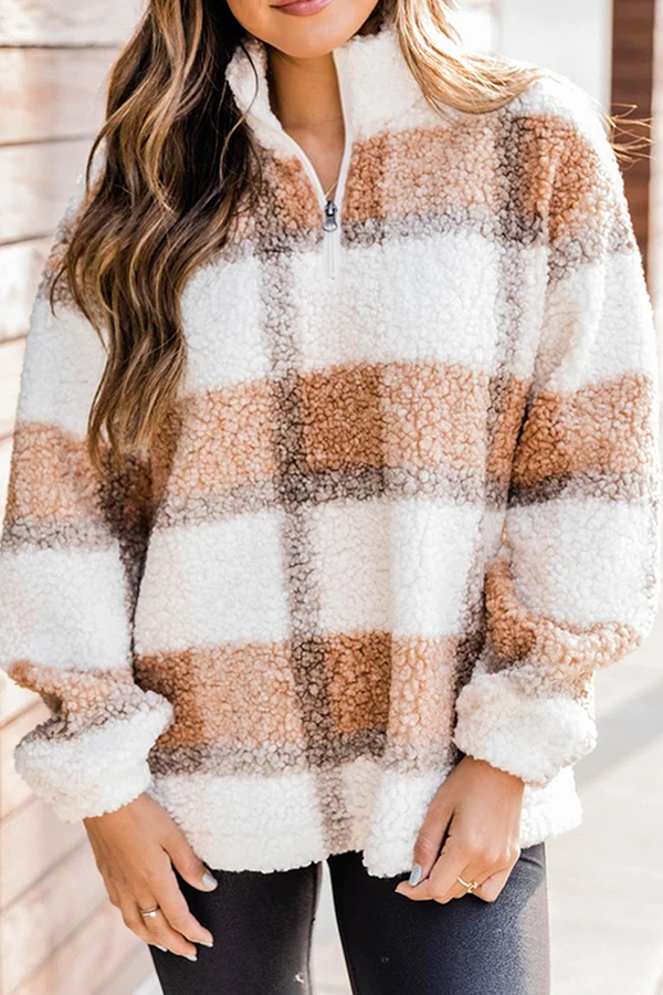 Casual Plaid Patchwork Zipper Mandarin Collar Tops