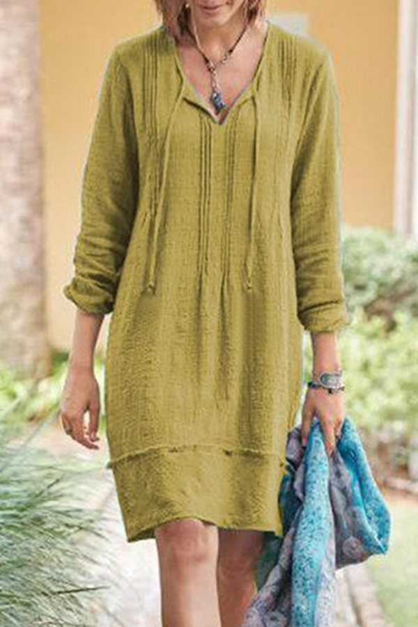 Vestidos casuales de cuello en V con frenillo y patchwork liso (5 colores)