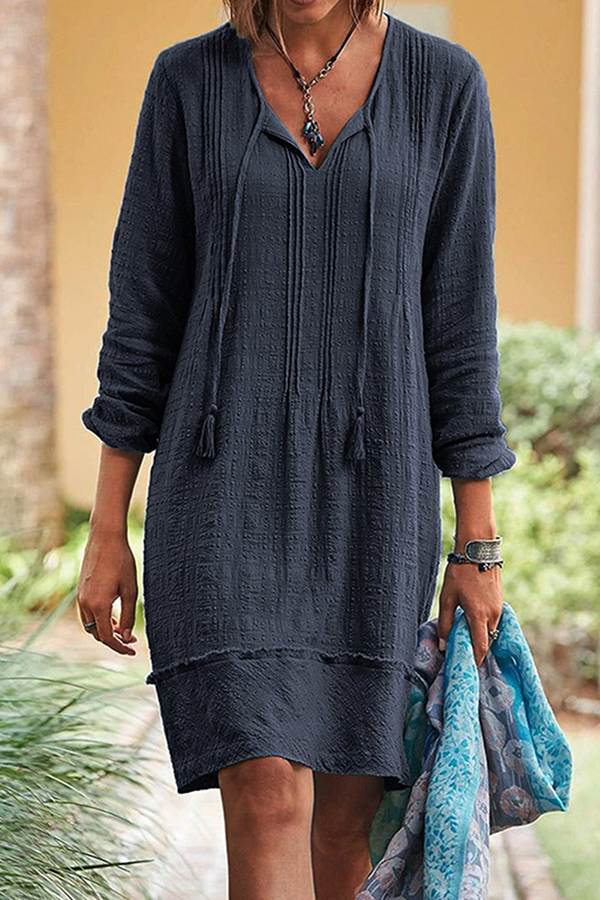 Vestidos casuales de cuello en V con frenillo y patchwork liso (5 colores)