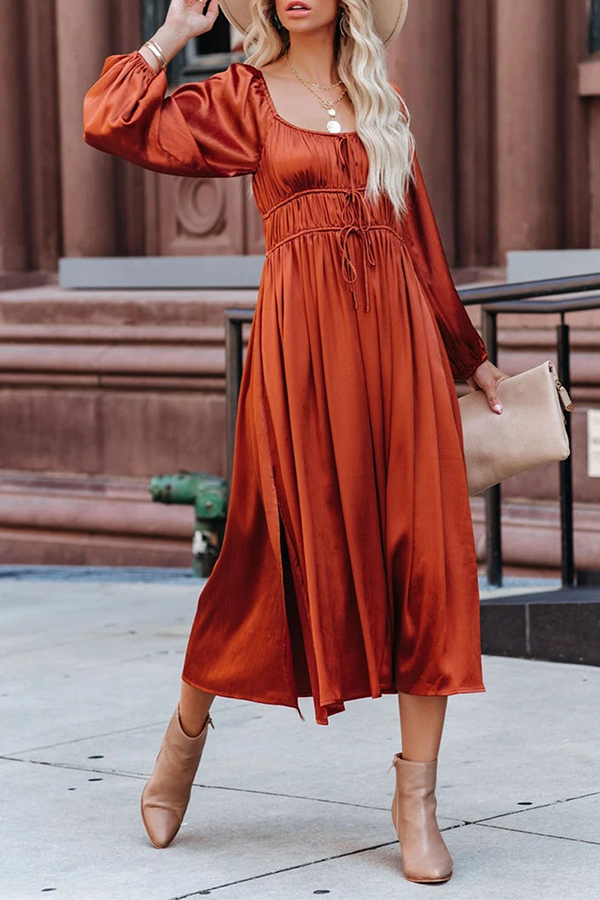 Vestidos elegantes de moda con escote en U, línea A y pliegues de frenillo liso