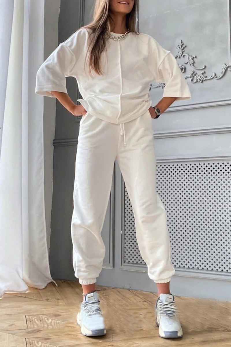 Casual Solid Draw String Basic O Neck Half Sleeve Two Pieces