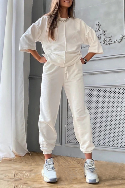 Casual Solid Draw String Basic O Neck Half Sleeve Two Pieces