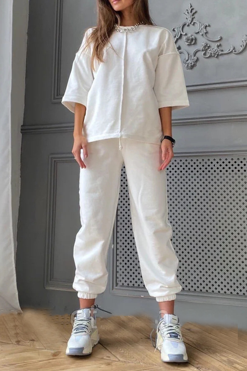 Casual Solid Draw String Basic O Neck Half Sleeve Two Pieces