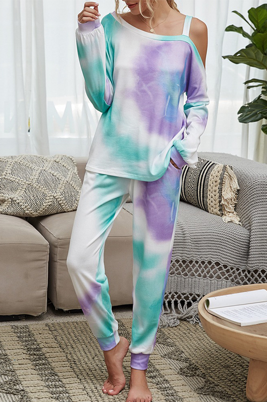 Casual Tie Dye Hollowed Out Patchwork Conventional Collar Long Sleeve Two Pieces