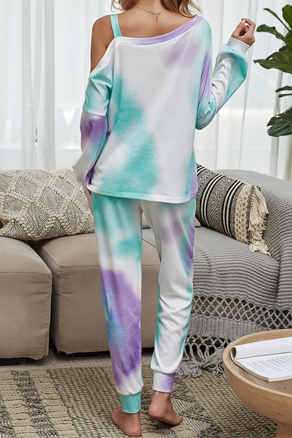 Casual Tie Dye Hollowed Out Patchwork Conventional Collar Long Sleeve Two Pieces