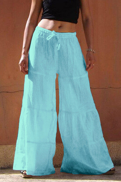 Pantalones casuales de patchwork liso con frenillo, holgados y de pierna ancha