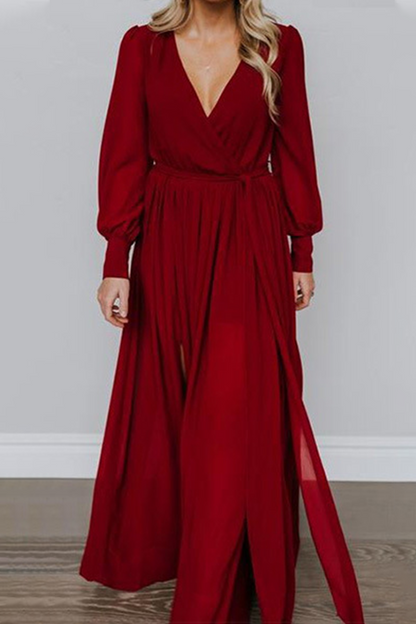 Fashion Elegant Solid Slit With Belt V Neck Dresses(5 colors)