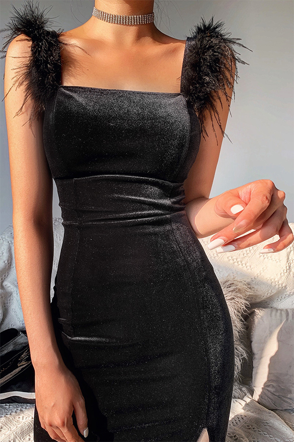 Vestido de noche elegante de moda con abertura y parches sólidos