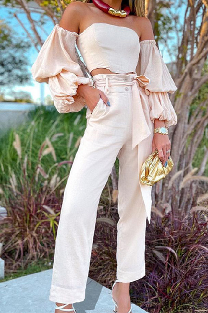 Elegant Solid With Belt Strapless Long Sleeve Two Pieces