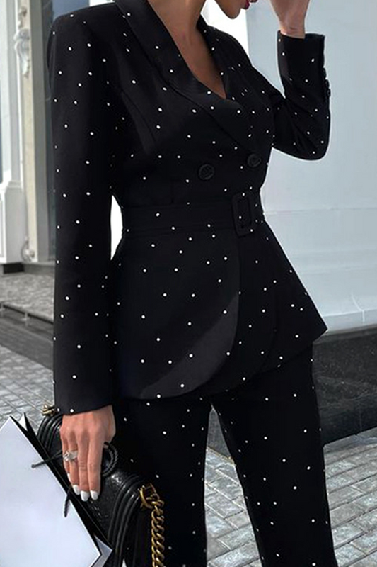 Elegant Polka Dot Buckle With Belt Turndown Collar Long Sleeve Two Pieces