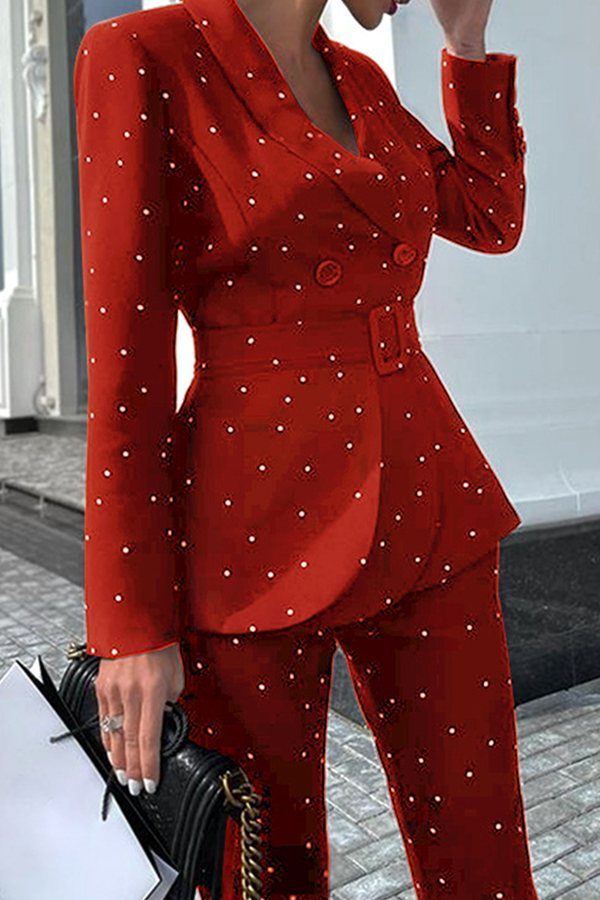 Elegant Polka Dot Buckle With Belt Turndown Collar Long Sleeve Two Pieces