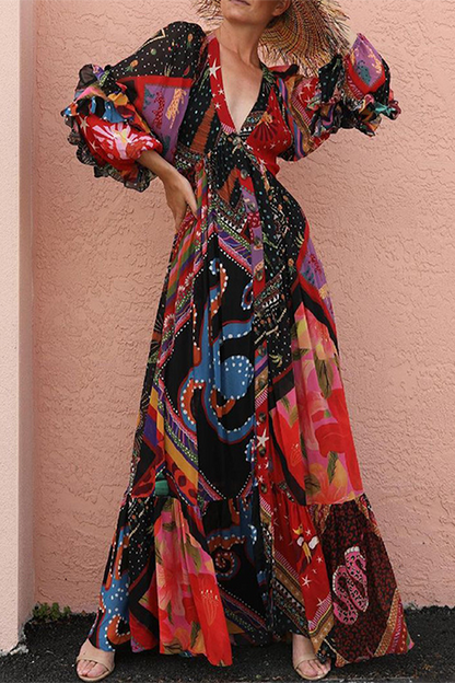 Vestidos bohemios de cuello en V con volantes y hebillas de patchwork