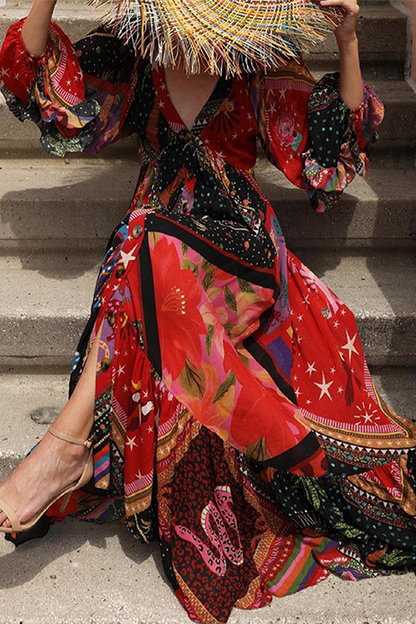 Vestidos bohemios de cuello en V con volantes y hebillas de patchwork