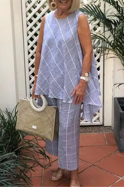 Pantalones casuales de cuadros con abertura en la parte delantera, rectos, de cintura media y pierna ancha con estampado completo