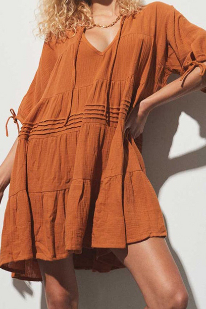 Vestidos casuales de falda pastel con cuello en V y cordón ajustable de color sólido